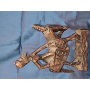 African Hand Carved Wooden Figurine of Person on Donkey